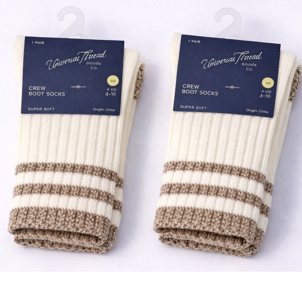 Universal Thread Crew Boot Socks Ivory Brown Stripe 2 Pair‎ Size 4–10